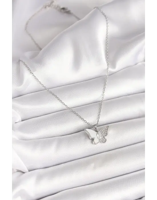 316L Çelik Gümüş Renk Zincir Zirkon Taşlı Beyaz Mineli Kelebek Model Kadın Kolye