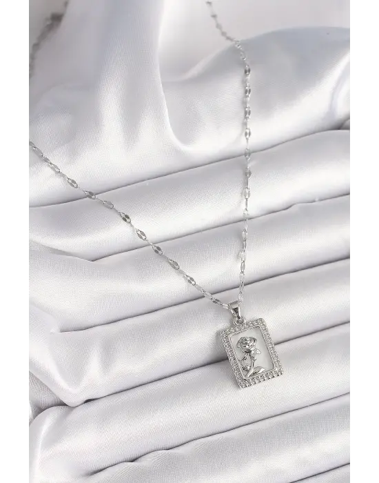 316L Çelik Gümüş Renk Zincir Zirkon Taşlı Beyaz Sedefli Gül Portre Model Kadın Kolye