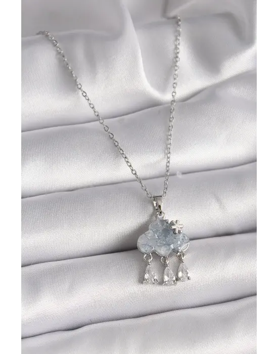  Gümüş  Zincir Zirkon Taşlı Bulut Model Sallantı Damla Figür  Çelik Kolye