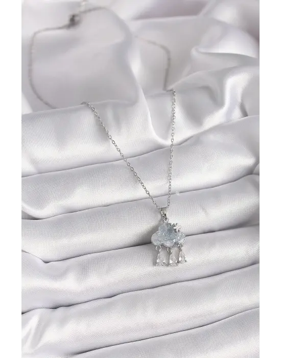  Gümüş  Zincir Zirkon Taşlı Bulut Model Sallantı Damla Figür  Çelik Kolye