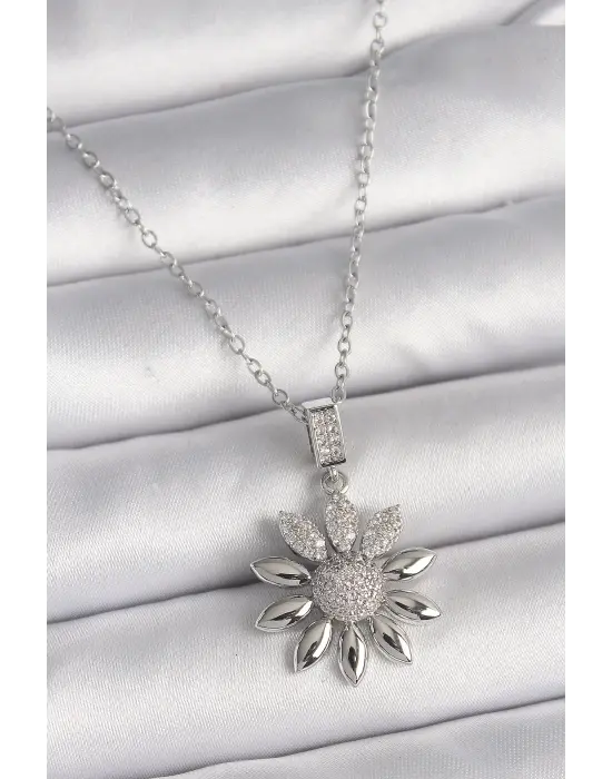  Gümüş  Zincir Zirkon Taşlı Çiçek Model  Çelik Kolye