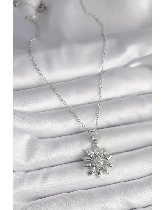  Gümüş  Zincir Zirkon Taşlı Çiçek Model  Çelik Kolye