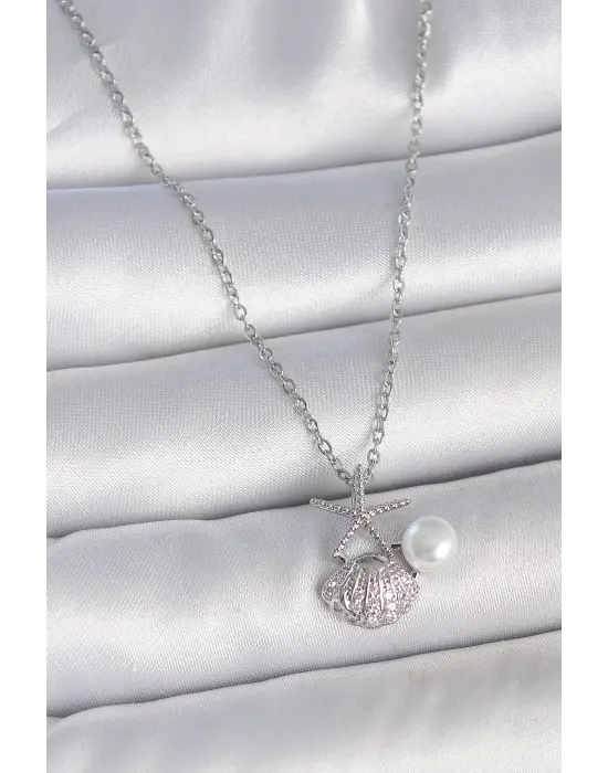 316L Çelik Gümüş Renk Zincir Zirkon Taşlı Deniz Kabuğu Model İnci Detay Kadın Kolye