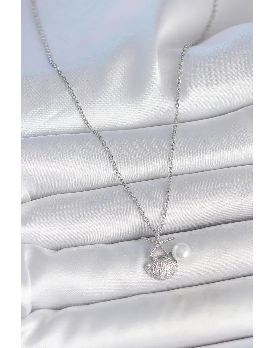 316L Çelik Gümüş Renk Zincir Zirkon Taşlı Deniz Kabuğu Model İnci Detay Kadın Kolye