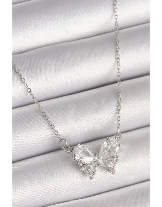  Gümüş  Zincir Zirkon Taşlı Fiyonk Model  Çelik Kolye