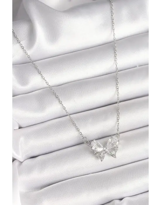  Gümüş  Zincir Zirkon Taşlı Fiyonk Model  Çelik Kolye