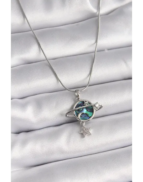  Gümüş  Zincir Zirkon Taşlı Gezegen Model  Çelik Kolye