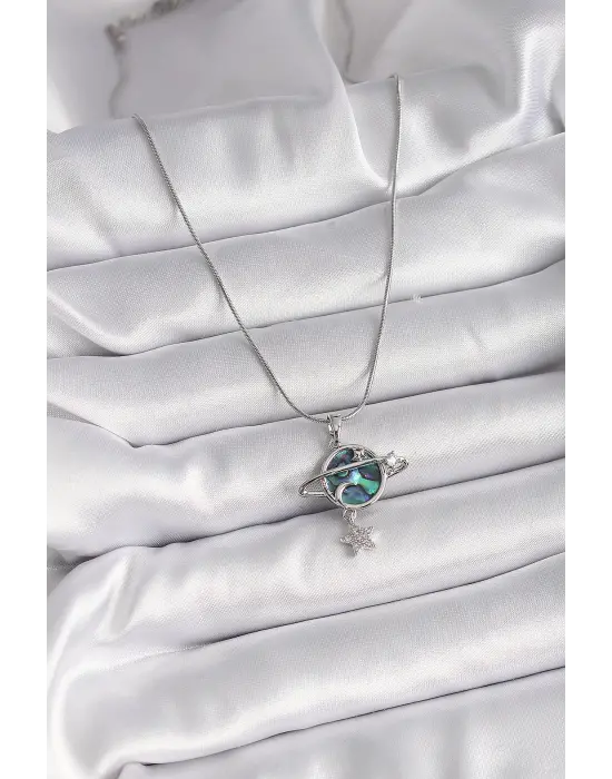  Gümüş  Zincir Zirkon Taşlı Gezegen Model  Çelik Kolye