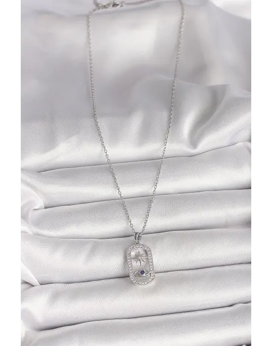 316L Çelik Gümüş Renk Zincir Zirkon Taşlı Göz Yıldız Model Kadın Kolye