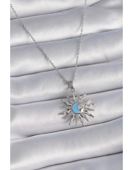  Gümüş  Zincir Zirkon Taşlı Güneş Figür  Çelik Kolye