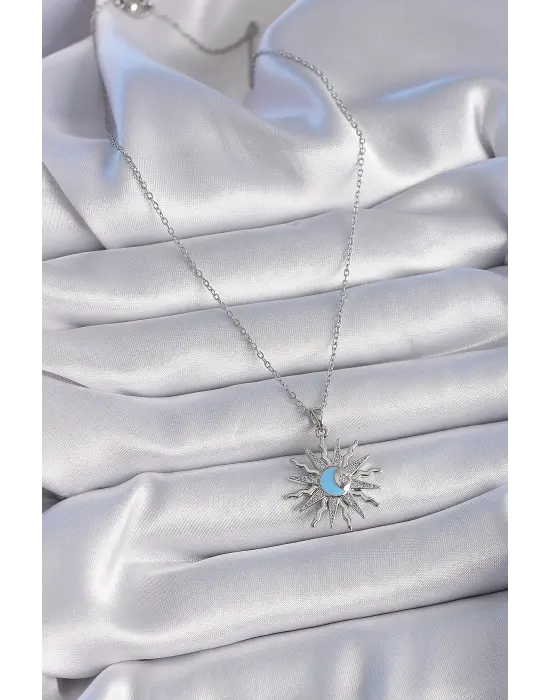  Gümüş  Zincir Zirkon Taşlı Güneş Figür  Çelik Kolye