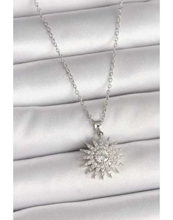 316L Çelik Gümüş Renk Zincir Zirkon Taşlı Güneş Model Kadın Kolye