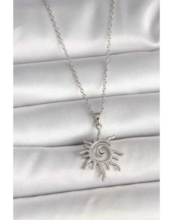 316L Çelik Gümüş Renk Zincir Zirkon Taşlı Güneş Model Kadın Kolye