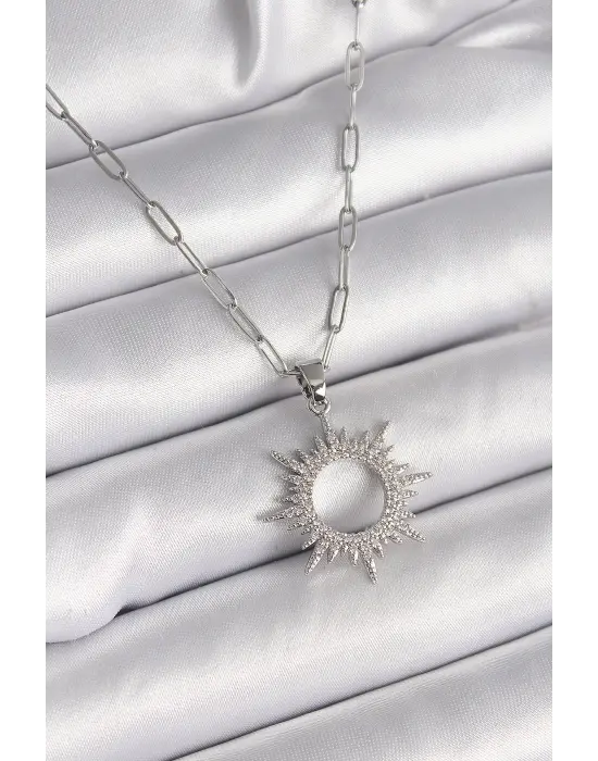  Gümüş  Zincir Zirkon Taşlı Güneş Model  Çelik Kolye