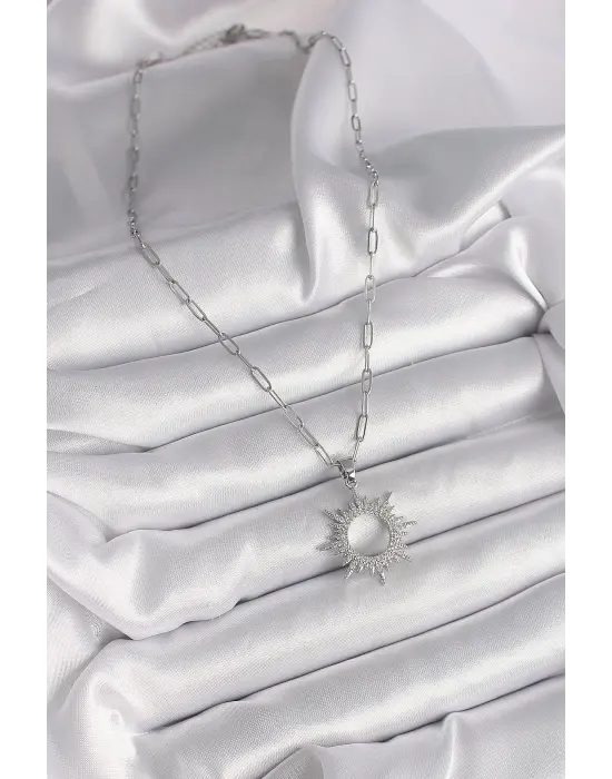  Gümüş  Zincir Zirkon Taşlı Güneş Model  Çelik Kolye