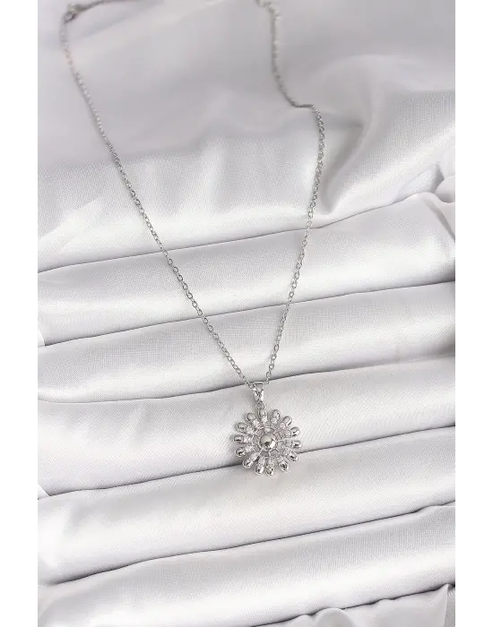 316L Çelik Gümüş Renk Zincir Zirkon Taşlı Güneş Model Kadın Kolye