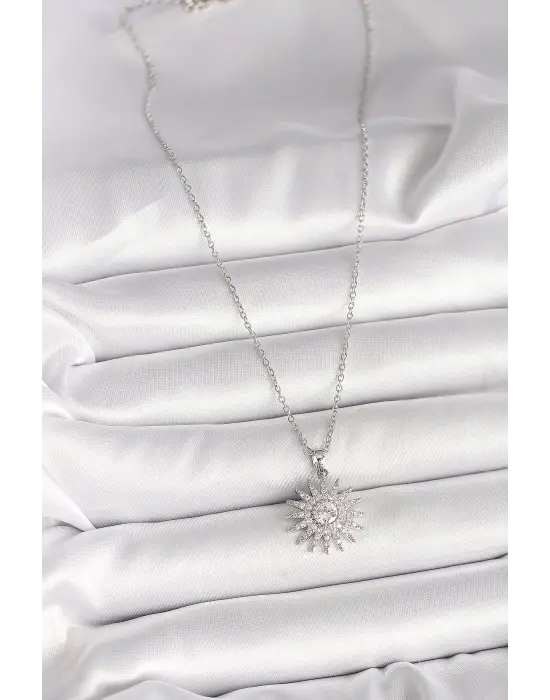 316L Çelik Gümüş Renk Zincir Zirkon Taşlı Güneş Model Kadın Kolye