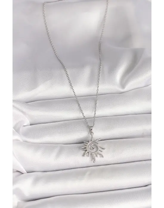 316L Çelik Gümüş Renk Zincir Zirkon Taşlı Güneş Model Kadın Kolye