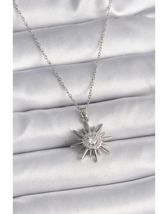  Gümüş  Zincir Zirkon Taşlı Güneş Model  Çelik Kolye