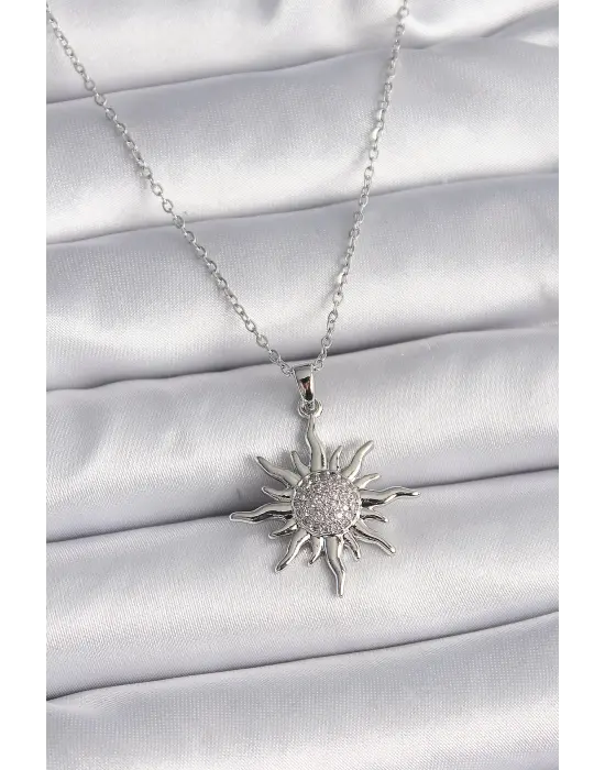  Gümüş  Zincir Zirkon Taşlı Güneş Model  Çelik Kolye
