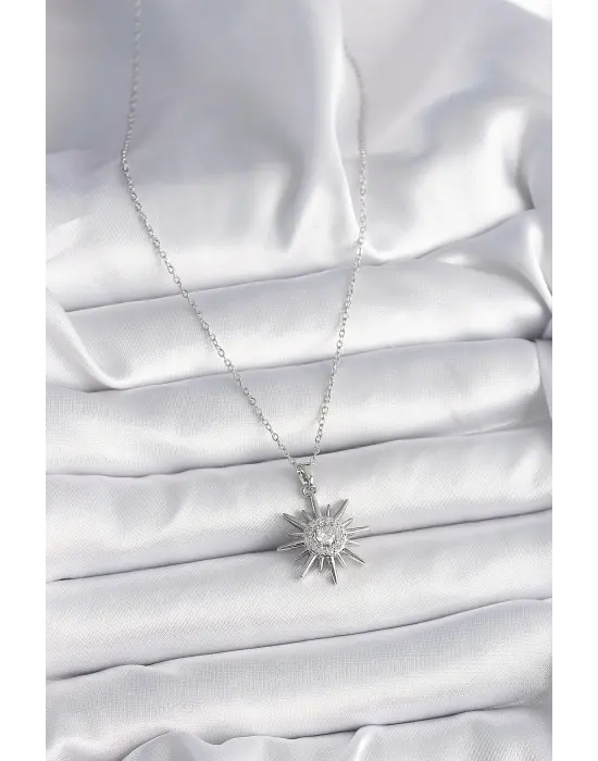  Gümüş  Zincir Zirkon Taşlı Güneş Model  Çelik Kolye