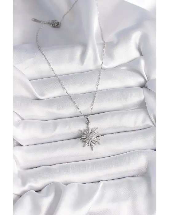  Gümüş  Zincir Zirkon Taşlı Güneş Model  Çelik Kolye