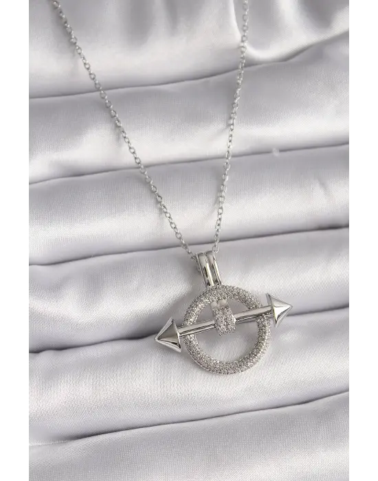 Gümüş  Zincir Zirkon Taşlı Halka Model  Çelik Kolye