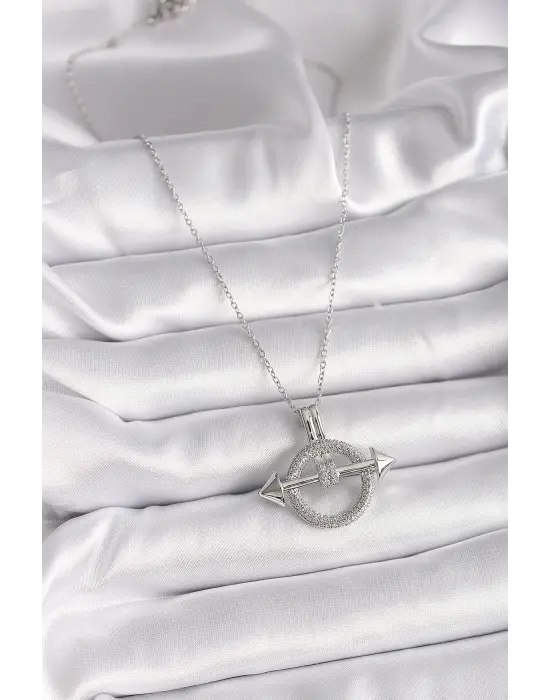  Gümüş  Zincir Zirkon Taşlı Halka Model  Çelik Kolye