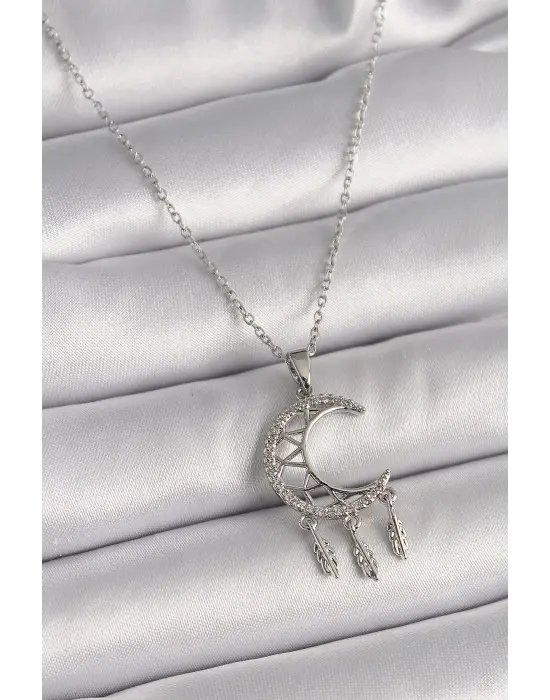  Gümüş  Zincir Zirkon Taşlı Hilal Model Sallantı Yaprak Detay  Çelik Kolye