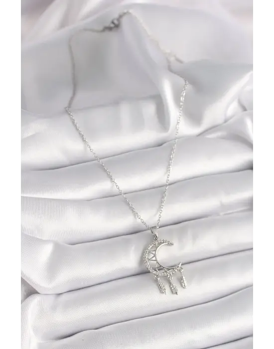  Gümüş  Zincir Zirkon Taşlı Hilal Model Sallantı Yaprak Detay  Çelik Kolye