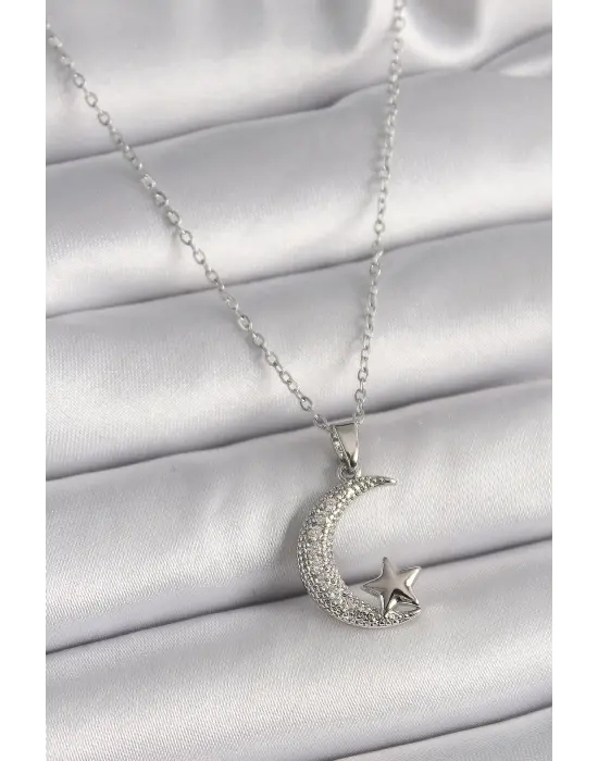  Gümüş  Zincir Zirkon Taşlı Hilal Model Yıldız Detay  Çelik Kolye