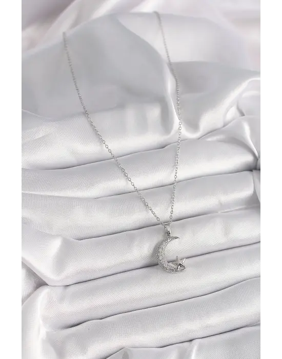  Gümüş  Zincir Zirkon Taşlı Hilal Model Yıldız Detay  Çelik Kolye