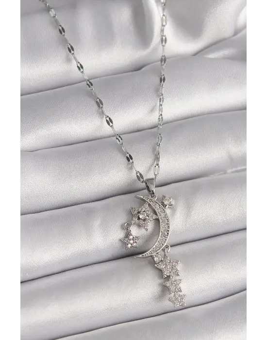  Gümüş  Zincir Zirkon Taşlı Hilal Yıldız Figür Sallantı Detay  Çelik Kolye