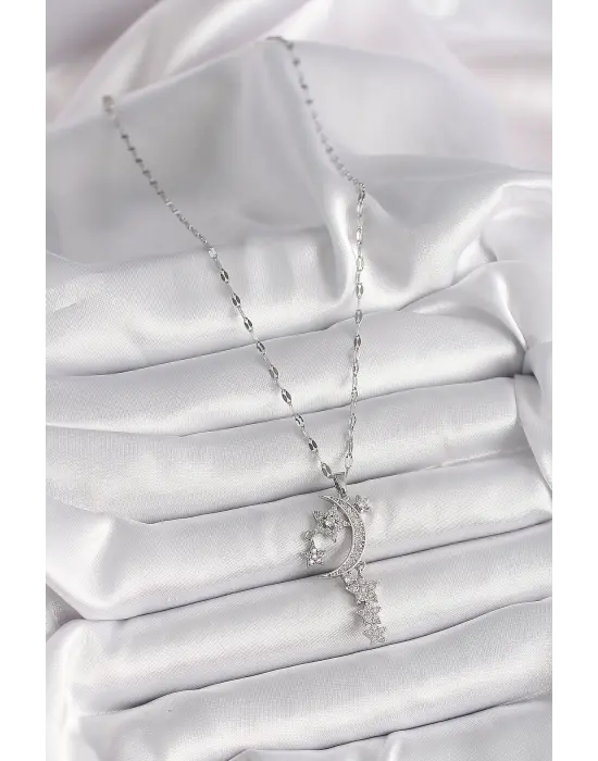  Gümüş  Zincir Zirkon Taşlı Hilal Yıldız Figür Sallantı Detay  Çelik Kolye