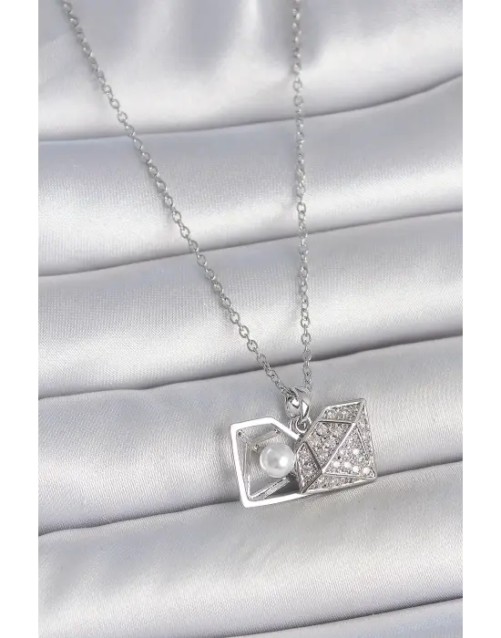 316L Çelik Gümüş Renk Zincir Zirkon Taşlı İncili Açılır Elmas Model Kadın Kolye