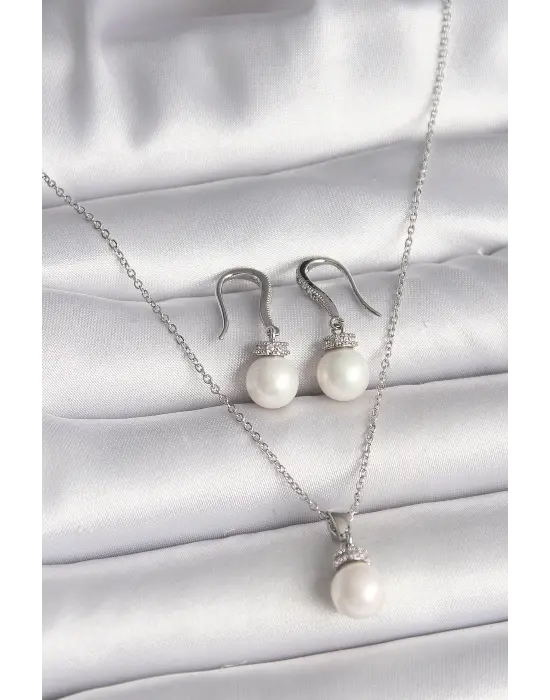 316L Çelik Gümüş Renk Zincir Zirkon Taşlı İncili Kadın Kolye Küpe Seti