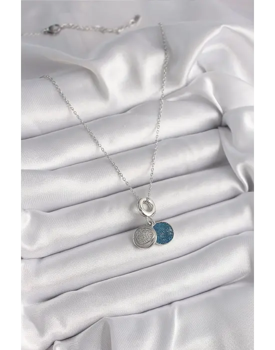  Gümüş  Zincir Zirkon Taşlı İşleme Mavi Simli  Çelik Kolye