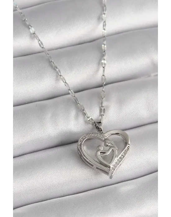  Gümüş  Zincir Zirkon Taşlı Kalp Anne Çocuk Figür  Çelik Kolye