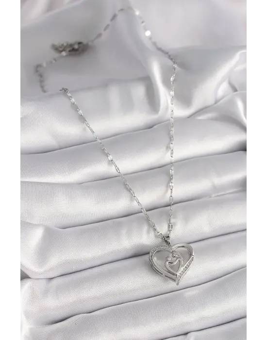  Gümüş  Zincir Zirkon Taşlı Kalp Anne Çocuk Figür  Çelik Kolye