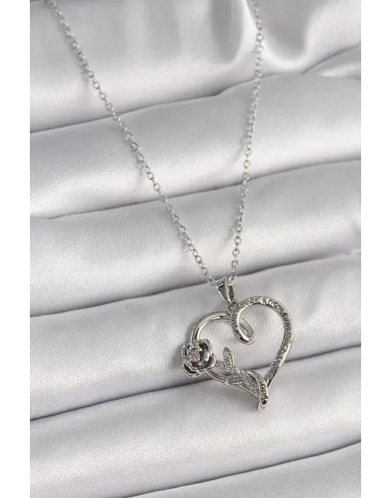  Gümüş  Zincir Zirkon Taşlı Kalp Figür Gül Detay  Çelik Kolye