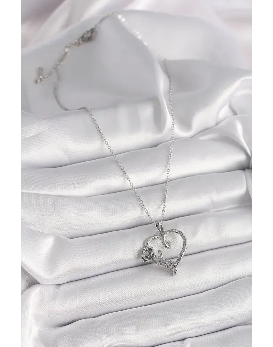  Gümüş  Zincir Zirkon Taşlı Kalp Figür Gül Detay  Çelik Kolye