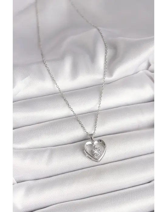 316L Çelik Gümüş Renk Zincir Zirkon Taşlı Kalp Model Kadın Kolye
