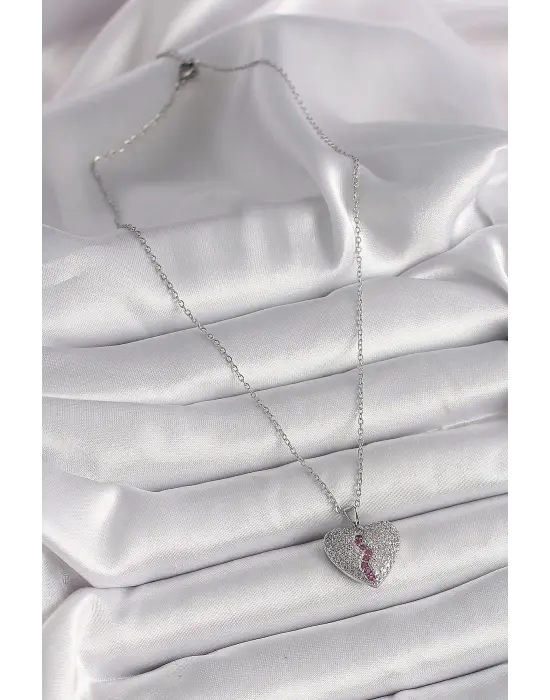  Gümüş  Zincir Zirkon Taşlı Kalp Model  Çelik Kolye