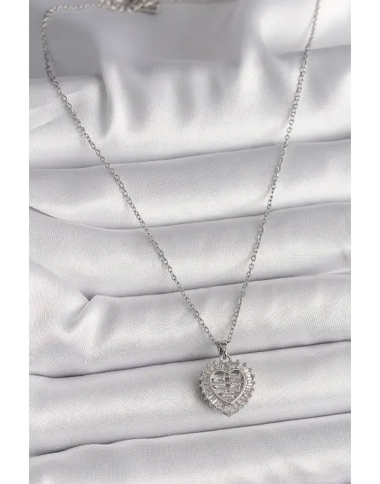  Gümüş  Zincir Zirkon Taşlı Kalp Model  Çelik Kolye