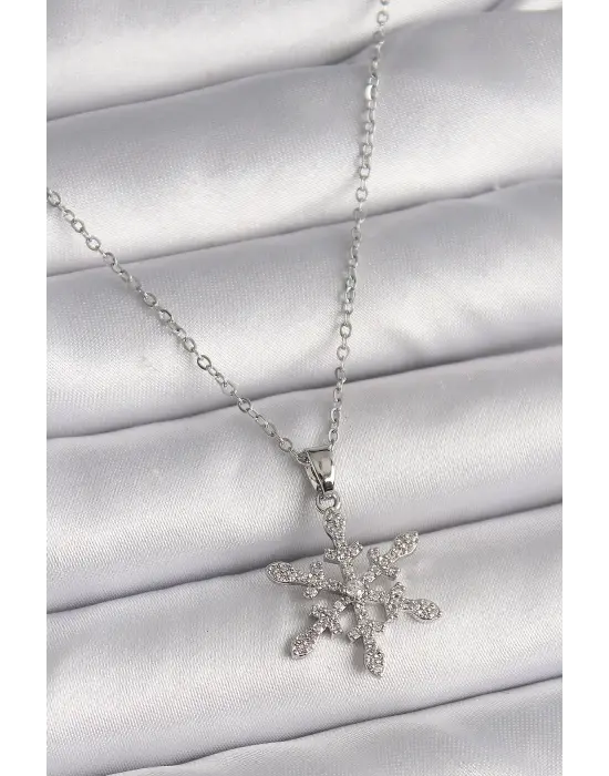  Gümüş  Zincir Zirkon Taşlı Kar Tanesi Model  Çelik Kolye