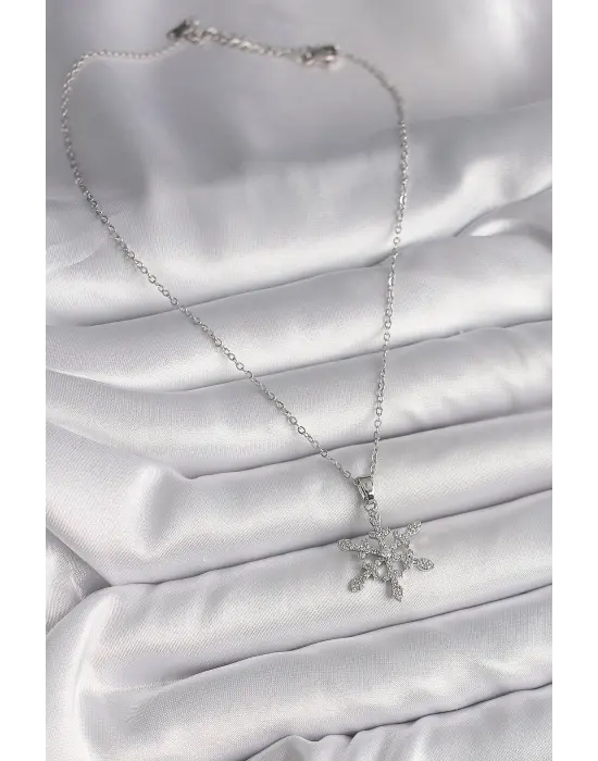  Gümüş  Zincir Zirkon Taşlı Kar Tanesi Model  Çelik Kolye