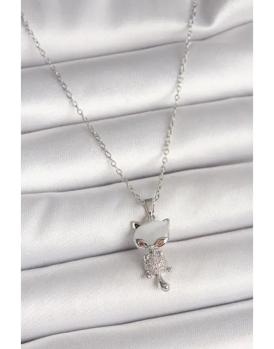 316L Çelik Gümüş Renk Zincir Zirkon Taşlı Kedi Model Kadın Kolye