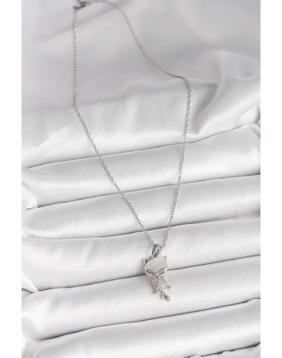 316L Çelik Gümüş Renk Zincir Zirkon Taşlı Kedi Model Kadın Kolye