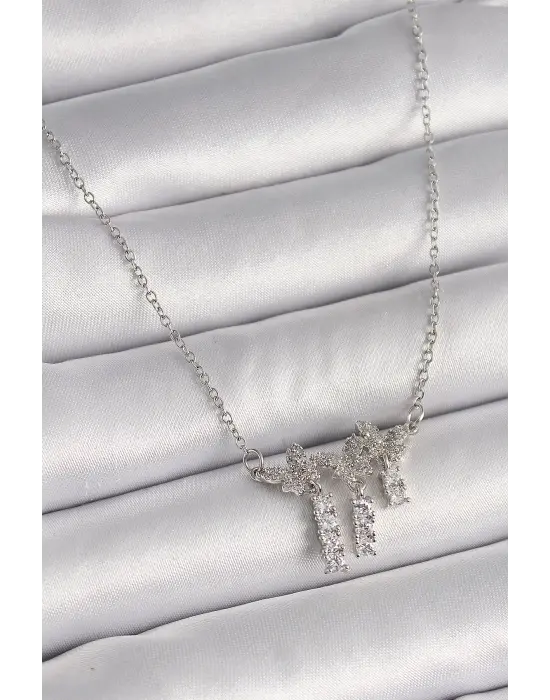  Gümüş  Zincir Zirkon Taşlı Kelebek Model Sallantı Detay  Çelik Kolye