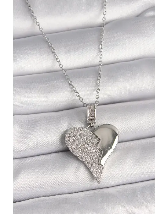  Gümüş  Zincir Zirkon Taşlı Kırık Kalp Model  Çelik Kolye